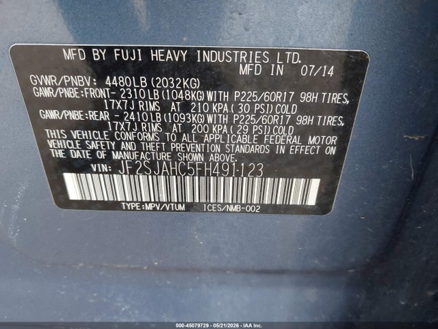 45079729 :رقم المزاد ، JF2SJAHC5FH491123 vin ، 2015 Subaru Forester 2.5i Limited مزاد بيع