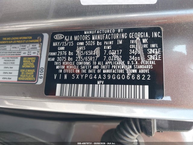 KIA Sorento 2.4l Lx 2016 5XYPG4A39GG066822 Image 9