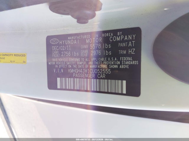 2012 Hyundai Equus Signature მანქანა იყიდება აუქციონზე, vin: KMHGH4JH1CU052555, აუქციონის ნომერი: 45079733