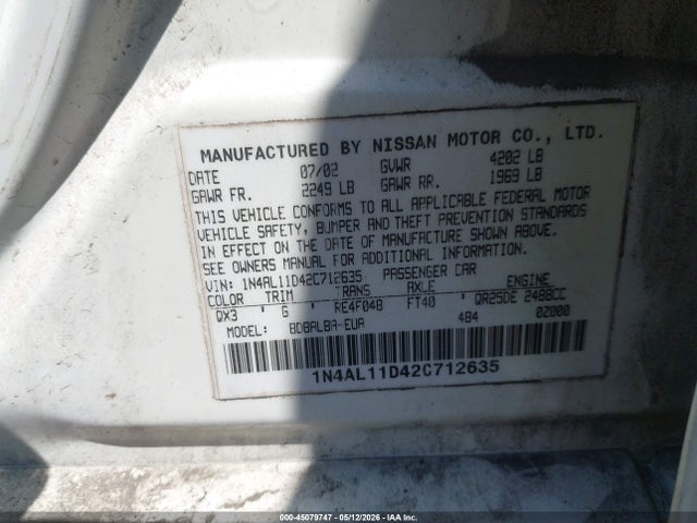 Aukcja sprzedaży 2002 Nissan Altima 2.5 S, vin: 1N4AL11D42C712635, numer aukcji: 45079747