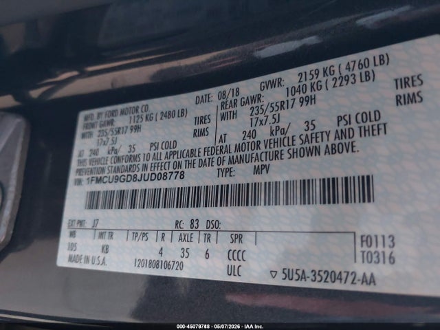 1FMCU9GD8JUD08778 Ford ESCAPE SE