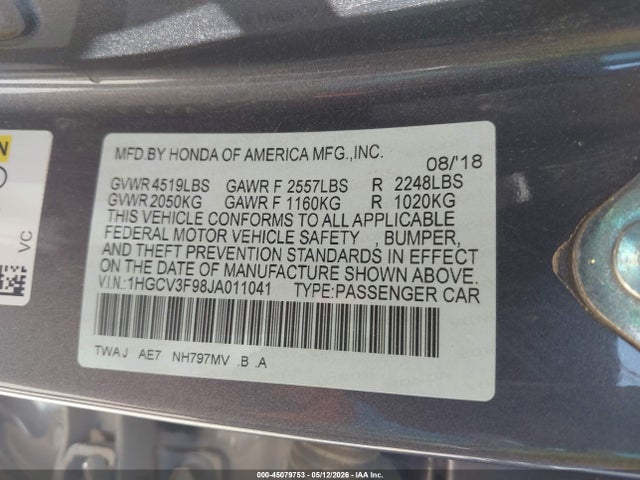 Продаж на аукціоні авто 2018 Honda Accord Hybrid Touring, vin: 1HGCV3F98JA011041, номер лоту: 45079753