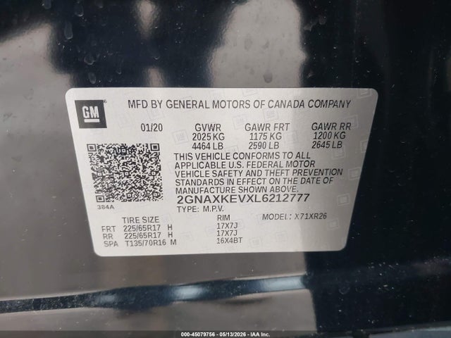 Продаж на аукціоні авто 2020 Chevrolet Equinox Fwd Lt 1.5l Turbo, vin: 2GNAXKEVXL6212777, номер лоту: 45079756