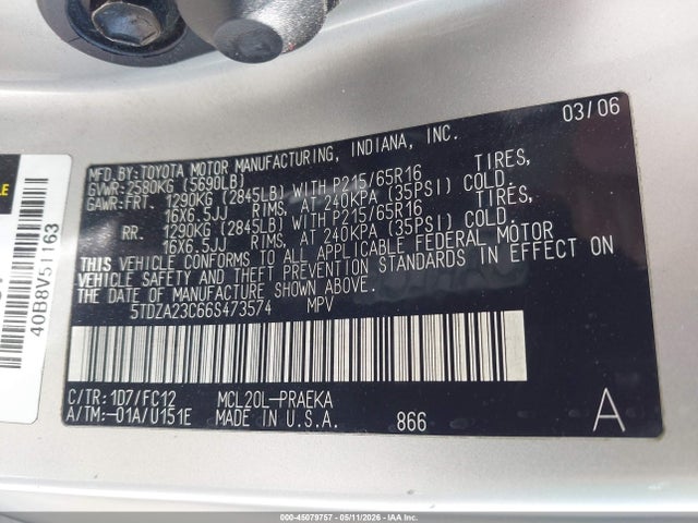 Aukcja sprzedaży 2006 Toyota Sienna Le, vin: 5TDZA23C66S473574, numer aukcji: 45079757