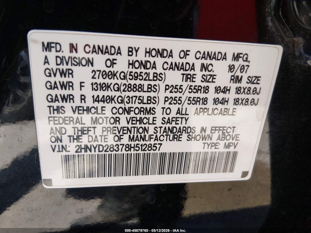 2008 Acura Mdx Technology Package მანქანა იყიდება აუქციონზე, vin: 2HNYD28378H512857, აუქციონის ნომერი: 45079760