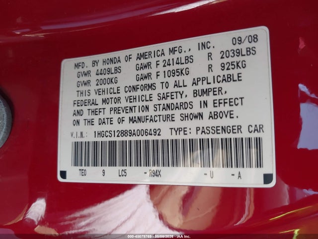 2009 Honda Accord 2.4 Ex-l მანქანა იყიდება აუქციონზე, vin: 1HGCS12889A006492, აუქციონის ნომერი: 45079769