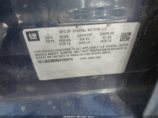 Продаж на аукціоні авто 2016 Chevrolet Sonic Ltz Auto, vin: 1G1JE6SB0G4155974, номер лоту: 45079774