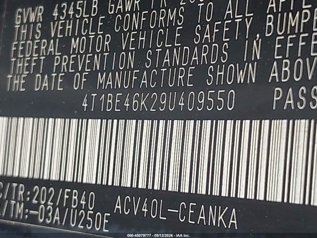 45079777 :رقم المزاد ، 4T1BE46K29U409550 vin ، 2009 Toyota Camry Le مزاد بيع