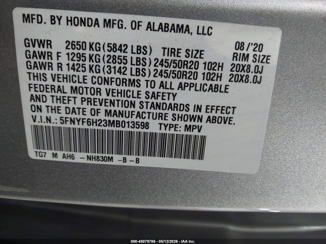 45079786 :رقم المزاد ، 5FNYF6H23MB013598 vin ، 2021 Honda Pilot Awd Special Edition مزاد بيع