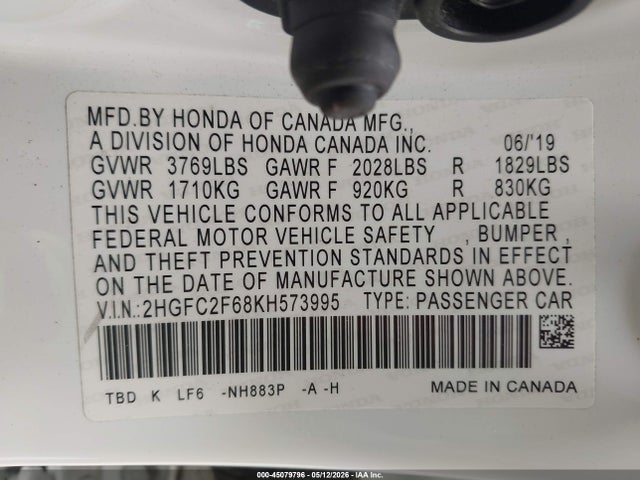 Honda Civic Lx 2019 2HGFC2F68KH573995 Image 9