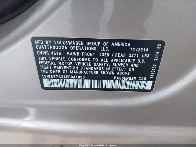 Aukcja sprzedaży 2015 Volkswagen Passat 1.8t Wolfsburg Edition, vin: 1VWAT7A34FC041880, numer aukcji: 45079797