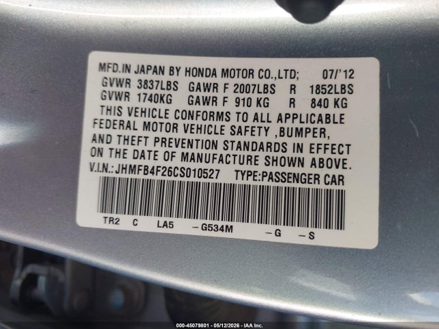 Продажа на аукционе авто 2012 Honda Civic Hybrid, vin: JHMFB4F26CS010527, номер лота: 45079801