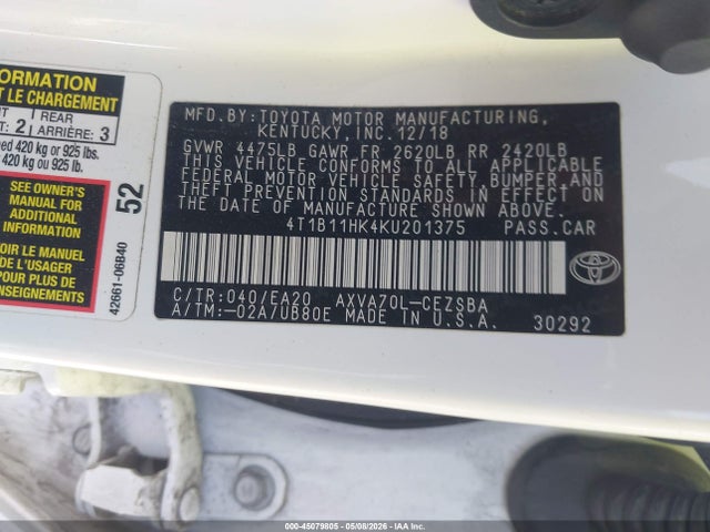 2019 Toyota Camry L/le/se/xle მანქანა იყიდება აუქციონზე, vin: 4T1B11HK4KU201375, აუქციონის ნომერი: 45079805