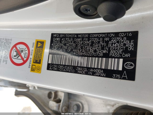 Aukcja sprzedaży 2016 Lexus Ct 200h, vin: JTHKD5BH5G2270738, numer aukcji: 45079812