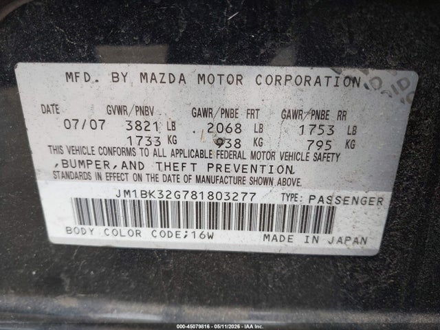 Aukcja sprzedaży 2008 Mazda Mazda3 I, vin: JM1BK32G781803277, numer aukcji: 45079816