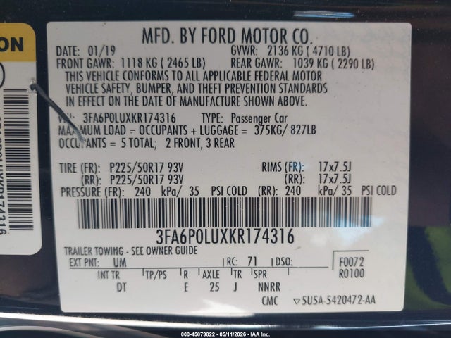 3FA6P0LUXKR174316 Ford Fusion Hybrid Se
