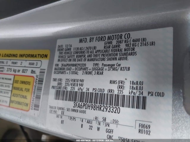 2017 Ford Fusion Se მანქანა იყიდება აუქციონზე, vin: 3FA6P0H98HR293320, აუქციონის ნომერი: 45079826