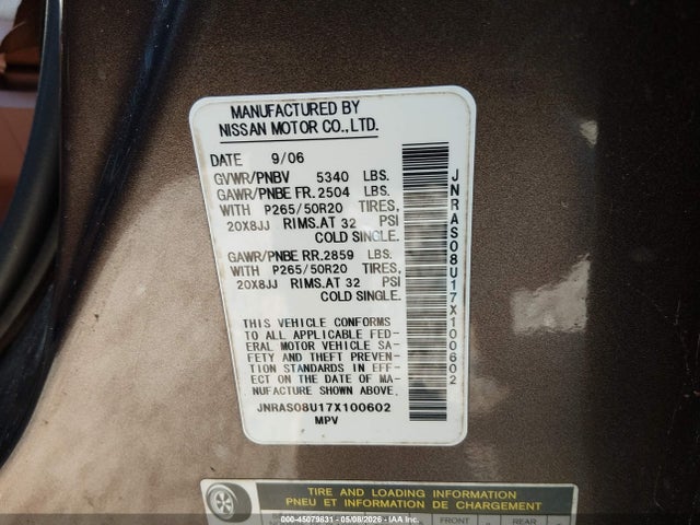 Auction sale of the 2007 Infiniti Fx35, vin: JNRAS08U17X100602, lot number: 45079831