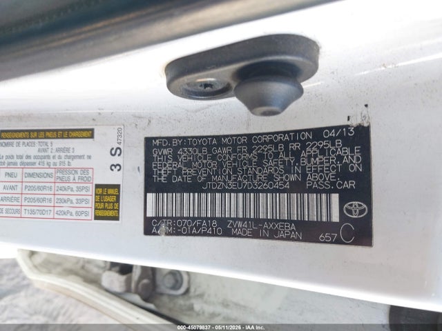 45079837 :رقم المزاد ، JTDZN3EU7D3260454 vin ، 2013 Toyota Prius V Two مزاد بيع