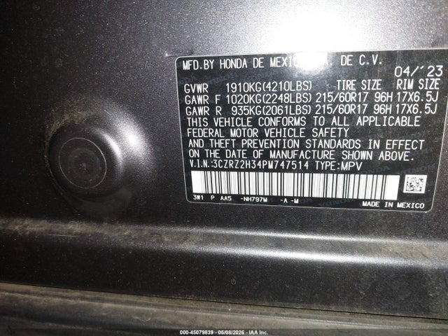 Aukcja sprzedaży 2023 Honda Hr-v Awd Lx, vin: 3CZRZ2H34PM747514, numer aukcji: 45079839