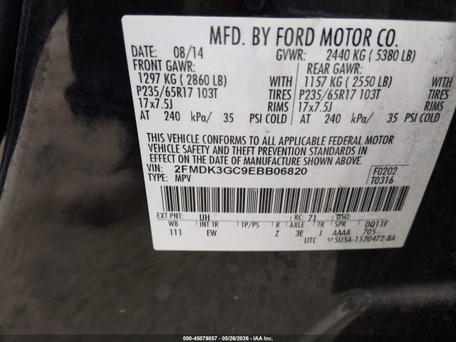 45079857 :رقم المزاد ، 2FMDK3GC9EBB06820 vin ، 2014 Ford Edge Se مزاد بيع