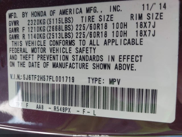 45079860 :رقم المزاد ، 5J6TF2H57FL001719 vin ، 2015 Honda Crosstour Ex-l V6 مزاد بيع