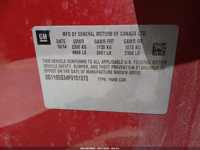 45079862 :رقم المزاد ، 2G1165S34F9151373 vin ، 2015 Chevrolet Impala 2lz مزاد بيع