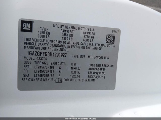45079863 :رقم المزاد ، 1GAZGPFG8H1291927 vin ، 2017 Chevrolet Express 3500 Lt مزاد بيع