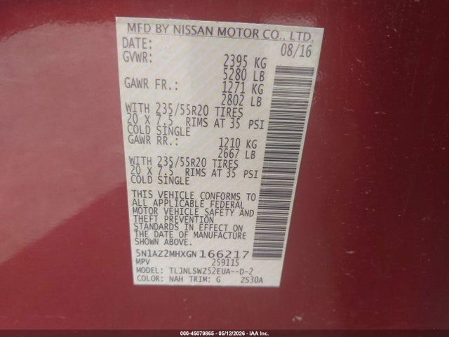 45079865 :رقم المزاد ، 5N1AZ2MHXGN166217 vin ، 2016 Nissan Murano Platinum مزاد بيع