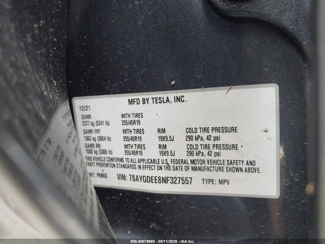 Auction sale of the 2022 Tesla Model Y Long Range Dual Motor All-wheel Drive, vin: 7SAYGDEE8NF327557, lot number: 45079868