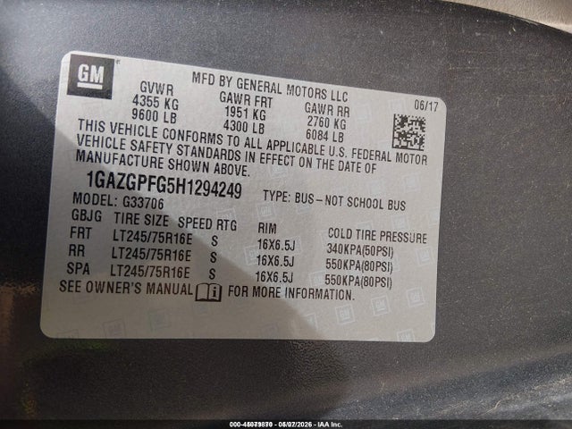 2017 Chevrolet Express 3500 Lt მანქანა იყიდება აუქციონზე, vin: 1GAZGPFG5H1294249, აუქციონის ნომერი: 45079870