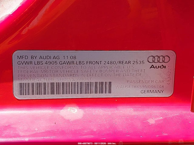 45079873 :رقم المزاد ، WAUSF78K59N046748 vin ، 2009 Audi A4 2.0t Premium مزاد بيع