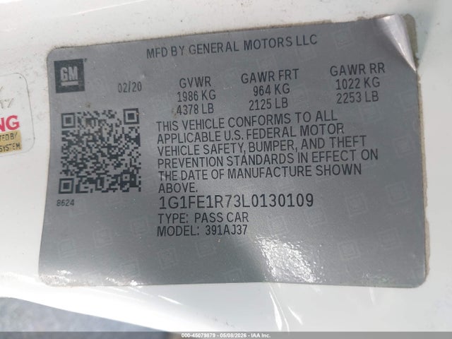 Aukcja sprzedaży 2020 Chevrolet Camaro Rwd  Lt1, vin: 1G1FE1R73L0130109, numer aukcji: 45079879