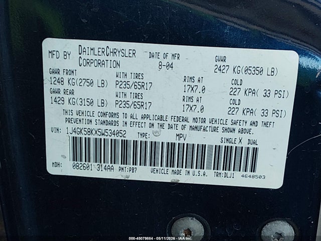 Продаж на аукціоні авто 2005 Jeep Liberty Limited Edition, vin: 1J4GK58KX5W534052, номер лоту: 45079884