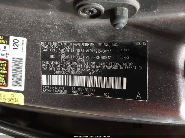 5TDYK3DC7FS648329 Toyota Sienna Xle 8 Passenger