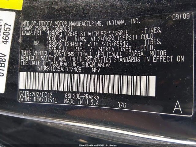 Продаж на аукціоні авто 2010 Toyota Sienna Le, vin: 5TDKK4CC5AS317108, номер лоту: 45079886