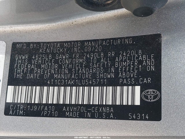 Aukcja sprzedaży 2020 Toyota Camry Le Hybrid, vin: 4T1C31AK1LU545711, numer aukcji: 45079887