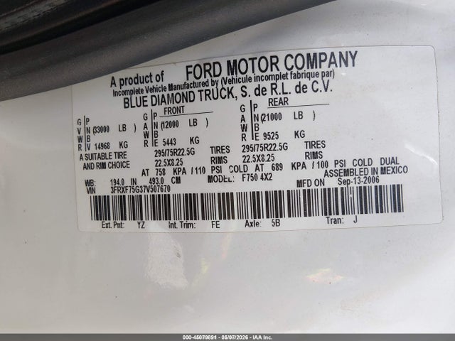 Aukcja sprzedaży 2007 Ford F-750 Xl/xlt, vin: 3FRXF75G37V507670, numer aukcji: 45079891