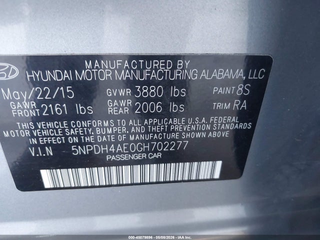 Aukcja sprzedaży 2016 Hyundai Elantra Se, vin: 5NPDH4AE0GH702277, numer aukcji: 45079896