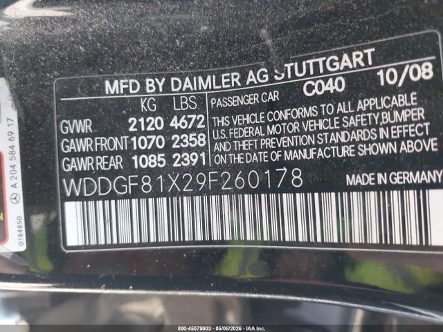 45079903 :رقم المزاد ، WDDGF81X29F260178 vin ، 2009 Mercedes-benz C 300 Luxury 4matic/sport 4matic مزاد بيع