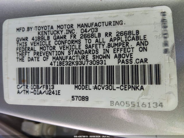 Продажа на аукционе авто 2003 Toyota Camry Le, vin: 4T1BE32K93U730931, номер лота: 45079919