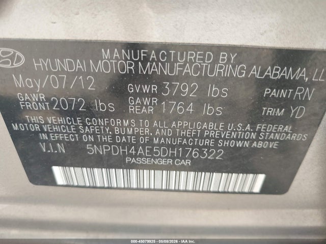 Продажа на аукционе авто 2013 Hyundai Elantra Gls, vin: 5NPDH4AE5DH176322, номер лота: 45079925