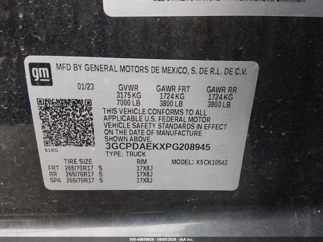 Продаж на аукціоні авто 2023 Chevrolet Silverado 1500 4wd  Short Bed Wt, vin: 3GCPDAEKXPG208945, номер лоту: 45079929