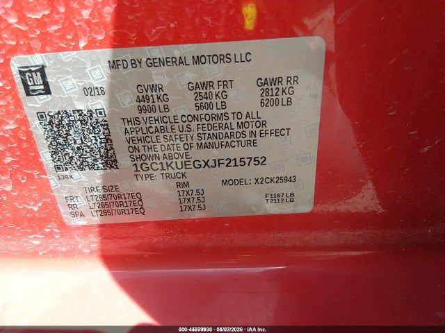 45079933 :رقم المزاد ، 1GC1KUEGXJF215752 vin ، 2018 Chevrolet Silverado 2500hd Wt مزاد بيع