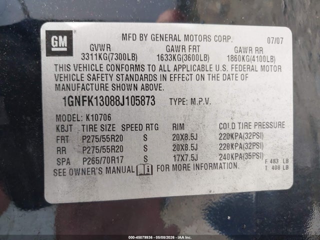 Продаж на аукціоні авто 2008 Chevrolet Tahoe Ltz, vin: 1GNFK13088J105873, номер лоту: 45079936