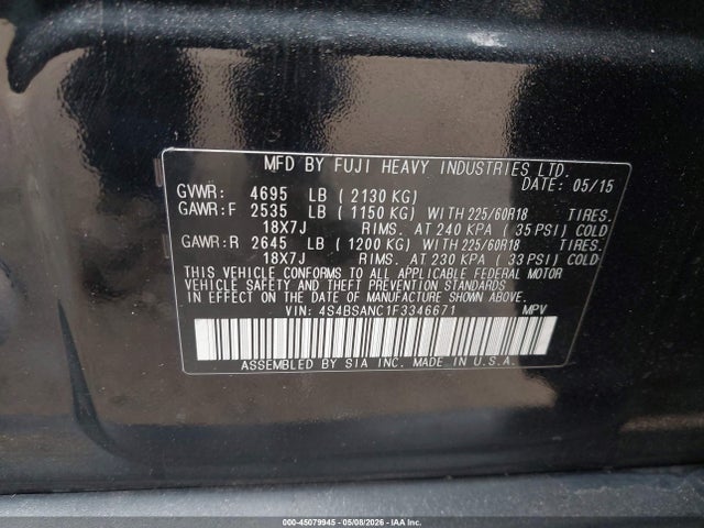 4S4BSANC1F3346671 Subaru Outback 2.5i Limited
