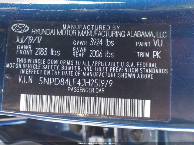 Aukcja sprzedaży 2018 Hyundai Elantra Sel, vin: 5NPD84LF4JH251979, numer aukcji: 45079946