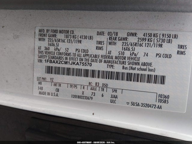 Продаж на аукціоні авто 2018 Ford Transit-350 Xl, vin: 1FBAX2CM1JKA75570, номер лоту: 45079947