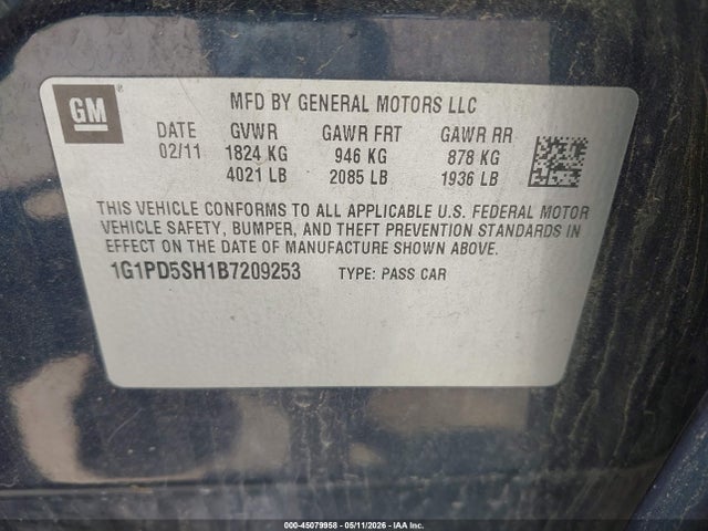 Aukcja sprzedaży 2011 Chevrolet Cruze Ls, vin: 1G1PD5SH1B7209253, numer aukcji: 45079958