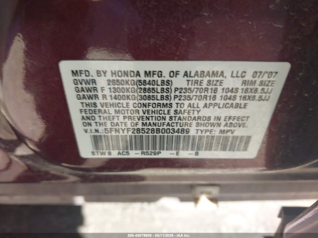 Продажа на аукционе авто 2008 Honda Pilot Ex-l, vin: 5FNYF28528B003489, номер лота: 45079959